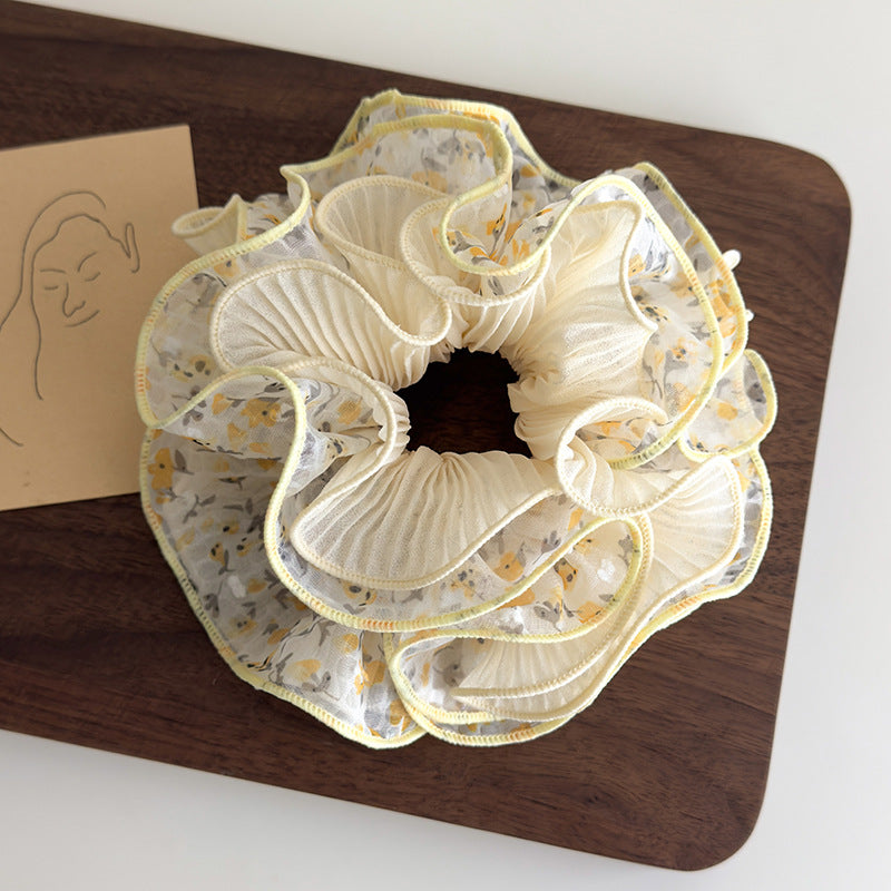 E廠-泡泡紗碎花雙層褶皺花邊大腸髮圈女扎頭髮低馬尾皮筋丸子頭繩髮飾「27063」25.06-2