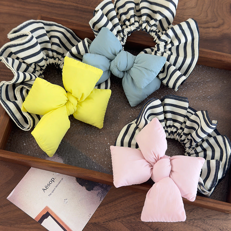 E廠-可愛麵包蝴蝶結條紋大腸圈韓系少女丸子頭皮筋充棉髮圈2025髮飾品「26918」25.05-3