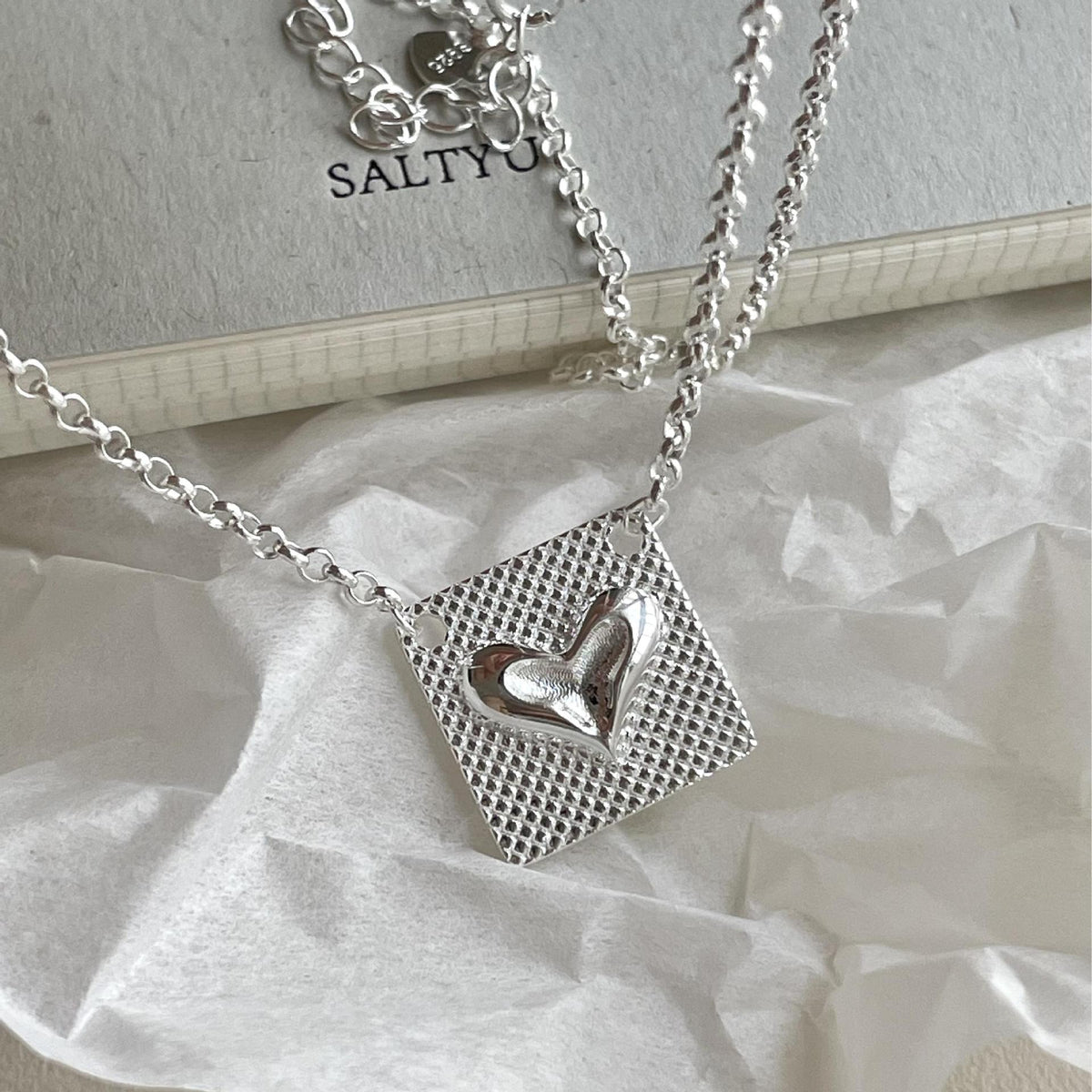 F廠-韓國韓版925純銀紋理方牌熔岩愛心項鍊簡約氣質ins風項鍊「B1369」25.06-2