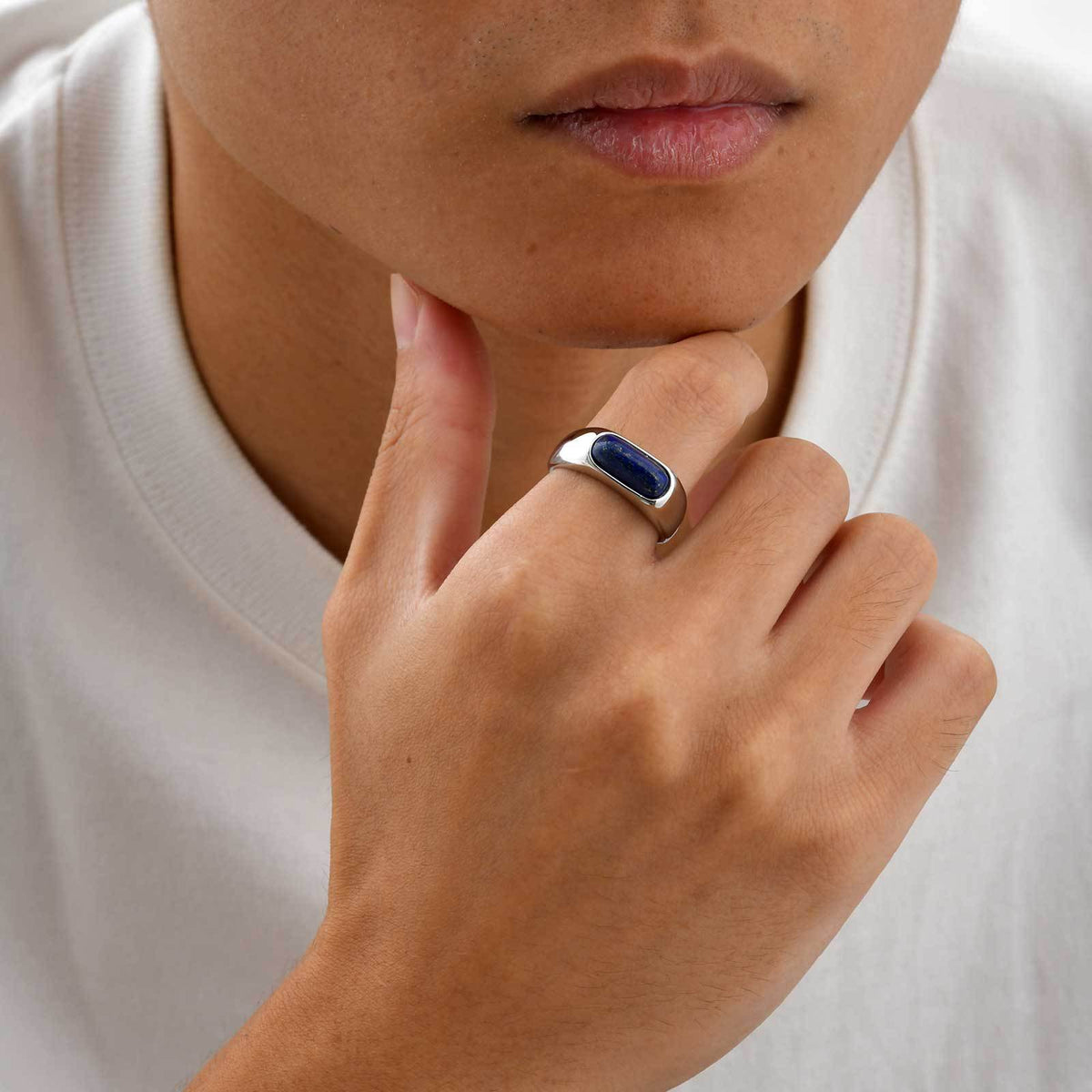 G廠-鈦鋼飾品 歐美時尚男士指環不鏽鋼全光橢圓蛋面青金石戒指「RC-786」25.07-3