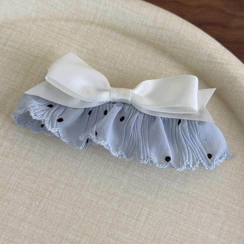 E廠-韓系溫柔布藝點點蕾絲花邊蝴蝶結髮夾側邊夾瀏海夾子甜美ins頭飾「27014」25.05-5