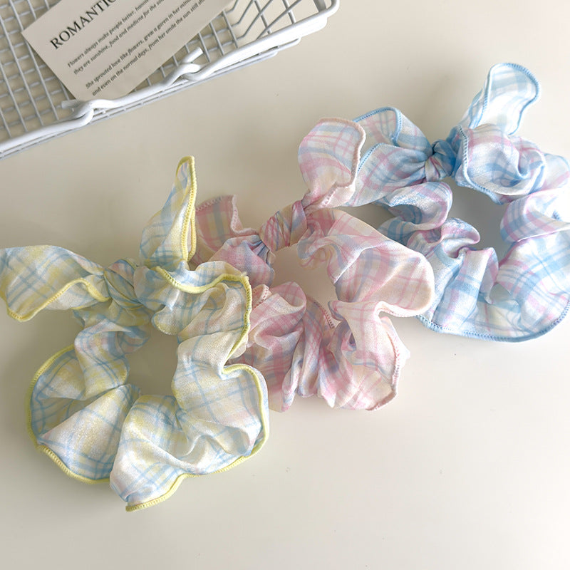 E廠-可愛奶油系淺色格子蝴蝶結大腸髮圈甜美珍珠蝴蝶結髮夾髮飾髮繩女「27114」25.06-4