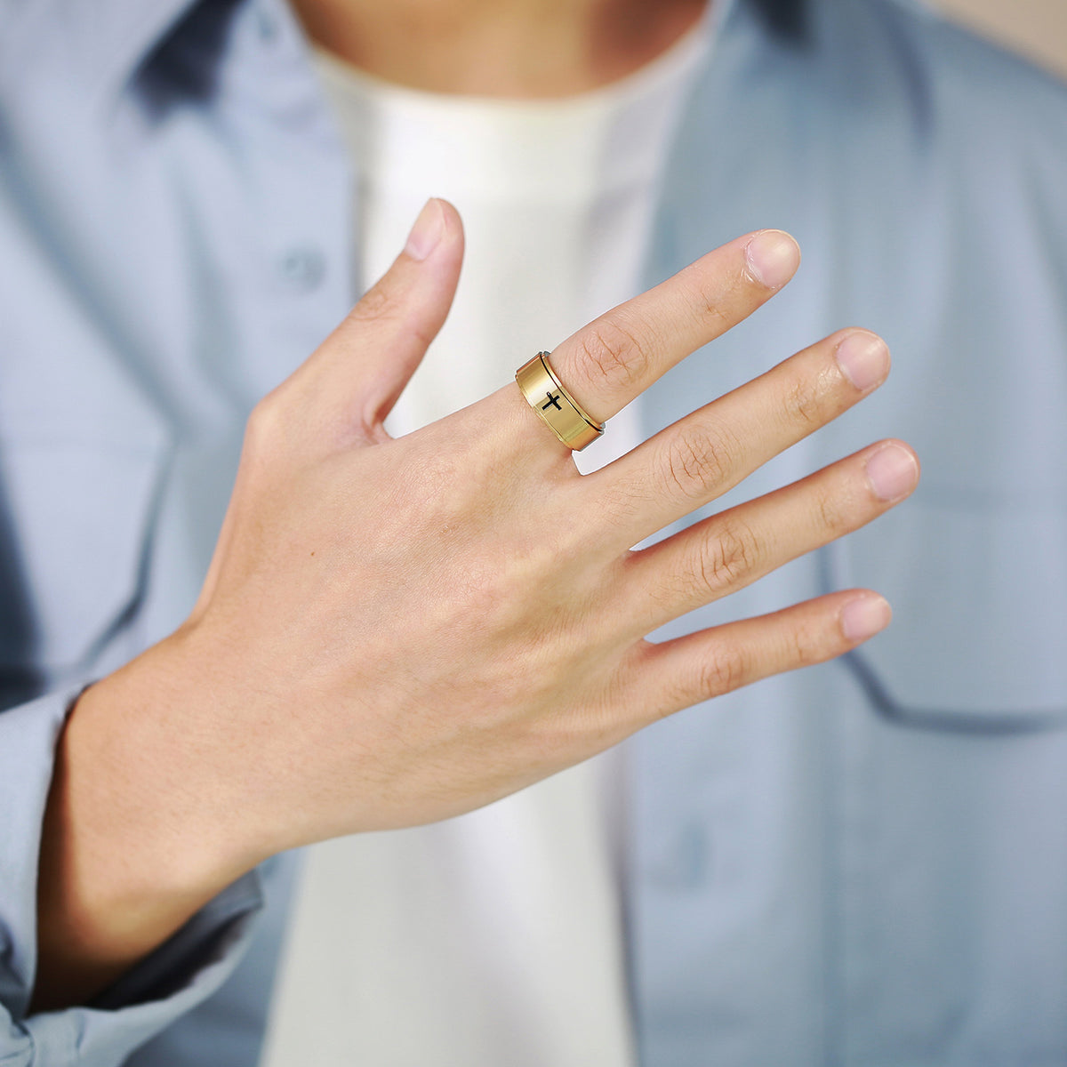 G廠-鏽鋼鐳射腐蝕十字可轉動旋轉戒指黑色男士 食指首飾批發「R-589」25.08-4