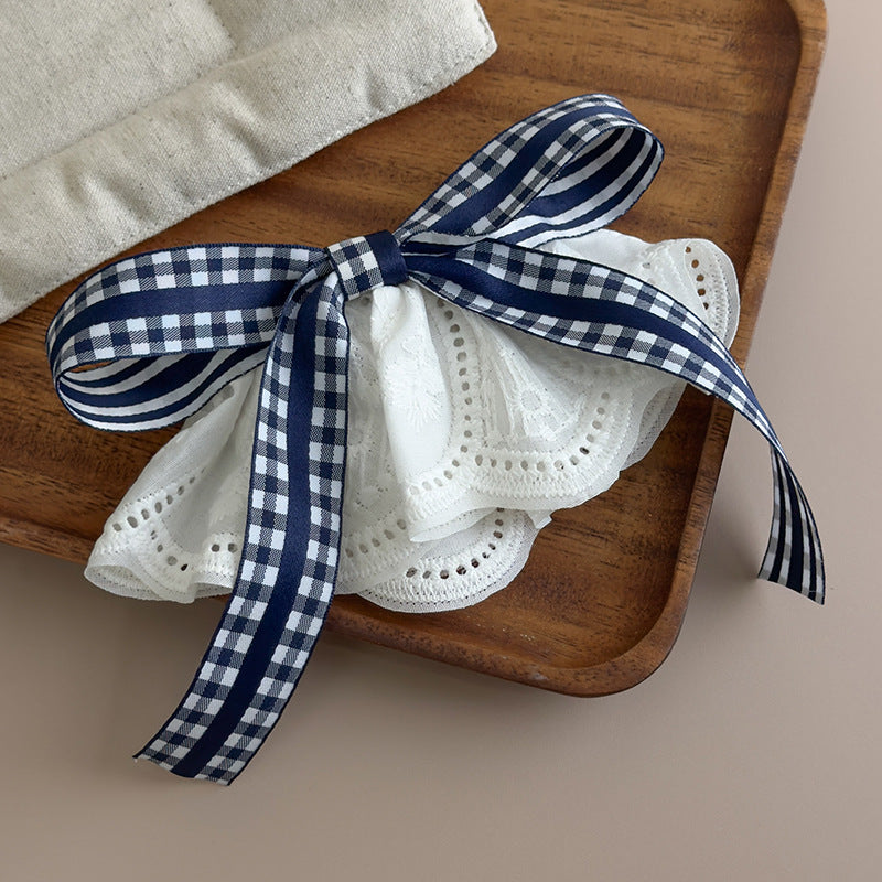 E廠-韓國氣質白色裙邊藏青色格子蝴蝶結髮夾飄帶頂夾女2025新款彈簧夾「27089」25.06-3