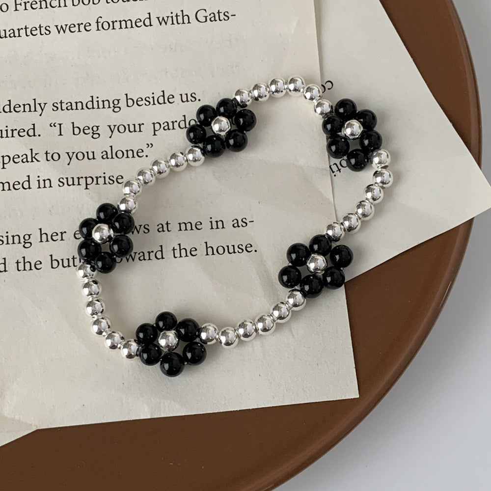 C廠-韓式個性甜美小清新S925純銀圓珠黑瑪瑙花朵彈力繩手鍊戒指通體銀「JA64-SD43」25.04-3