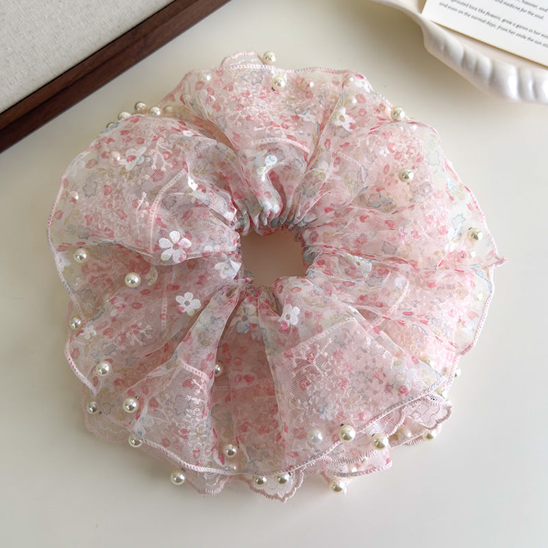 E廠-超仙蕾絲花朵珍珠大腸髮圈女高端大腸頭繩耐用皮筋精緻扎頭髮髮飾「27127」25.06-4