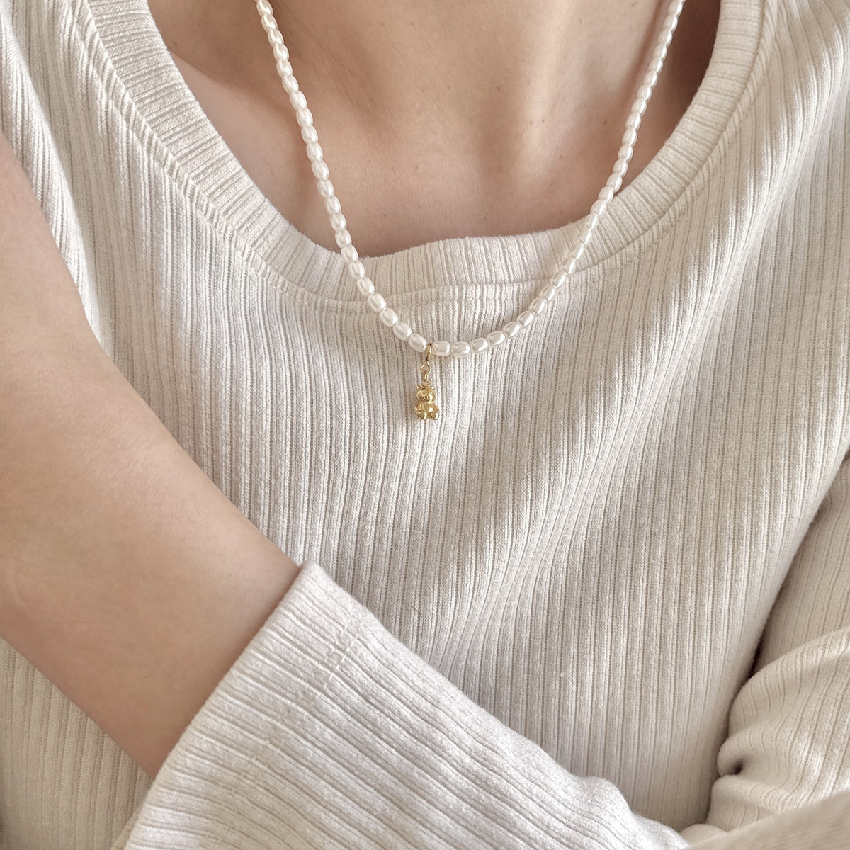 F廠-韓國韓版925純銀小熊珍珠項鍊項鍊簡約氣質ins網紅小紅書「B896」25.08-4