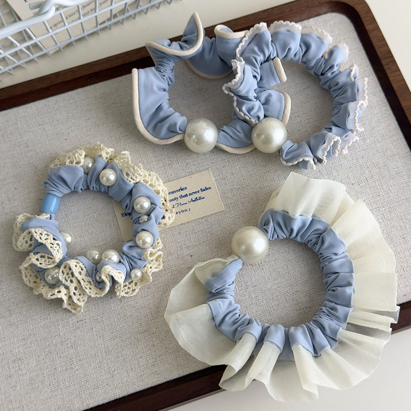 E廠-軟萌奶藍色蕾絲花邊珍珠髮圈甜美少女心大腸圈扎髮繩頭花皮筋頭飾「27115」25.06-4