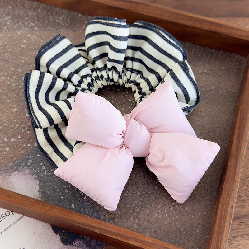 E廠-可愛麵包蝴蝶結條紋大腸圈韓系少女丸子頭皮筋充棉髮圈2025髮飾品「26918」25.05-3