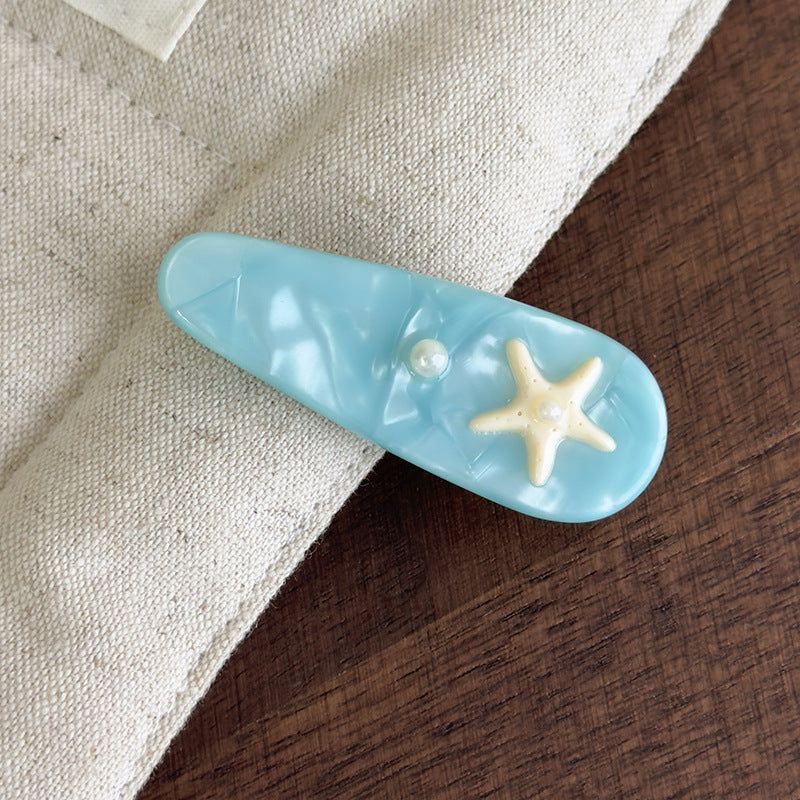 E廠-海藍色貝殼海星醋酸高級感邊夾化妝夾可愛度假風髮夾瀏海夾碎髮夾「27068」25.06-2