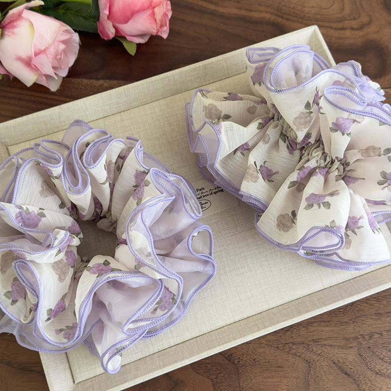 E廠-紫色碎花甜美網紗髮圈輕薄仙氣俏皮碎花大腸圈馬尾髮繩頭花髮飾「27103」25.06-3