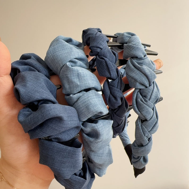 E廠-正反兩戴牛仔藍波浪帶齒高顱頂髮箍壓髮洗臉頭箍防滑碎髮整理神器「27107」25.06-4