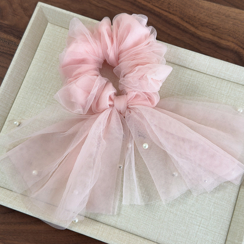 E廠-仙飄逸春夏新款韓國網紗釘珍珠魚尾飄帶大腸圈髮圈甜美馬尾頭繩「26885」25.05-1