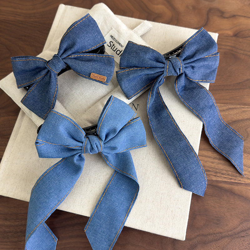 E廠-韓系時髦牛仔飄帶蝴蝶結髮夾簡約高級感後腦勺大號鴨嘴夾甜美髮飾「27096」25.06-3