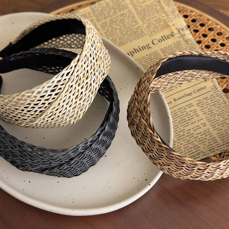 E廠-法式波西米亞風草編交叉髮箍女森系復古寬邊個性壓髮頭箍髮捆髮飾「27031」25.05-5