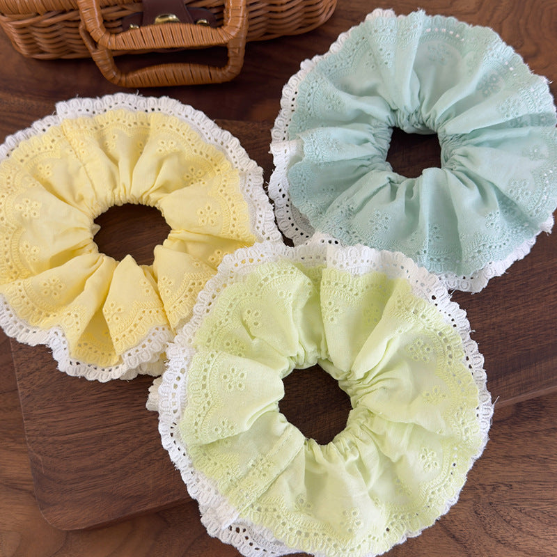 E廠-韓系ins薄荷綠刺繡蕾絲花邊小蠻腰大腸髮圈溫柔百搭扎馬尾髮飾女「26923」25.05-2