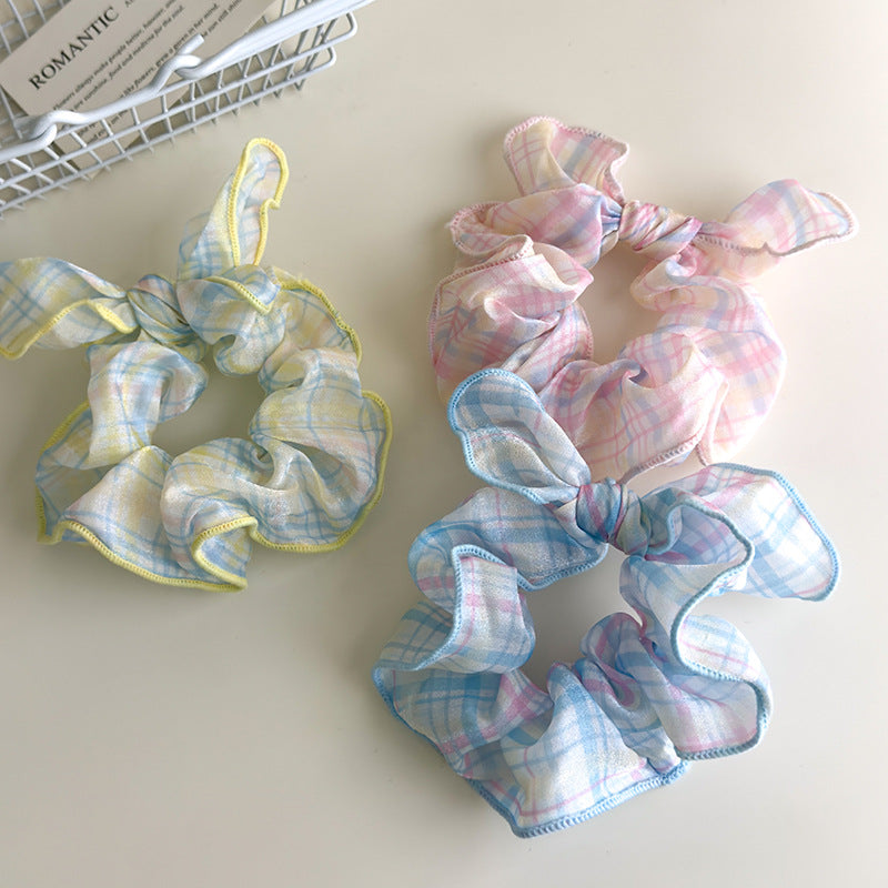 E廠-可愛奶油系淺色格子蝴蝶結大腸髮圈甜美珍珠蝴蝶結髮夾髮飾髮繩女「27114」25.06-4