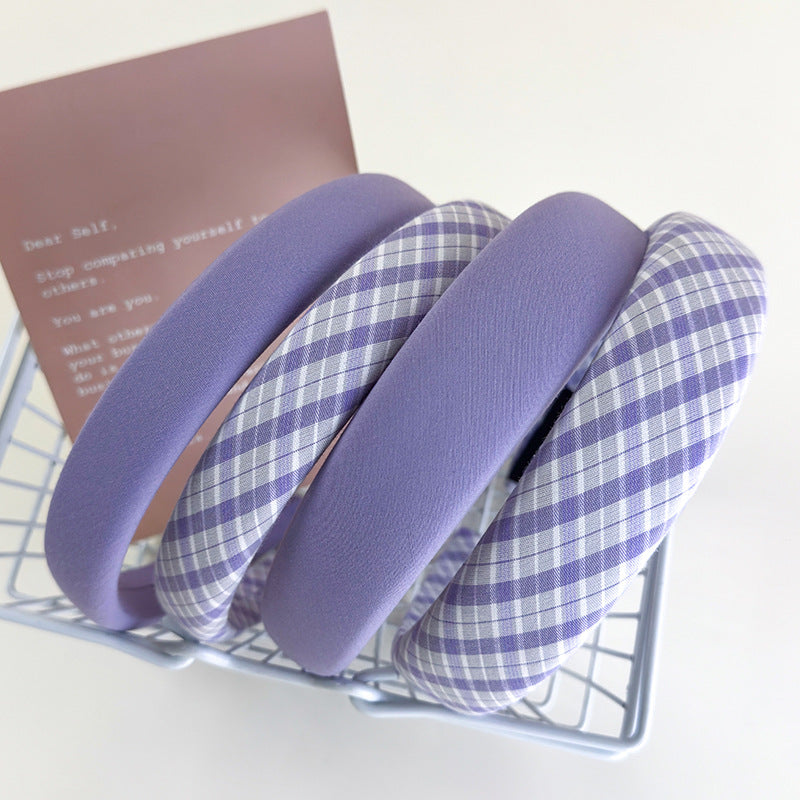E廠-仙女紫~紫色格子純色髮箍女2025新款外出百搭高顱頂洋氣髮卡頭箍「26883」25.05-1