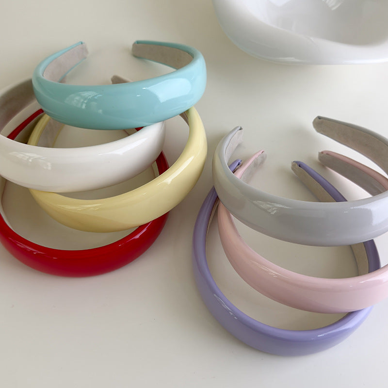 E廠-夏季多巴胺糖果色漆皮亮面皮海綿髮箍PU皮高顱頂純色頭箍髮卡髮飾「27077」25.06-3