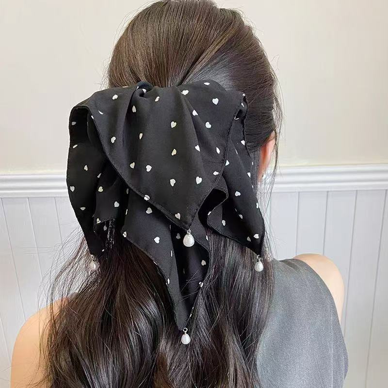 E廠-愛心波點吊珠抓夾女大號方巾馬尾夾優雅氣質後腦勺髮夾子半扎髮飾「27100」25.06-3