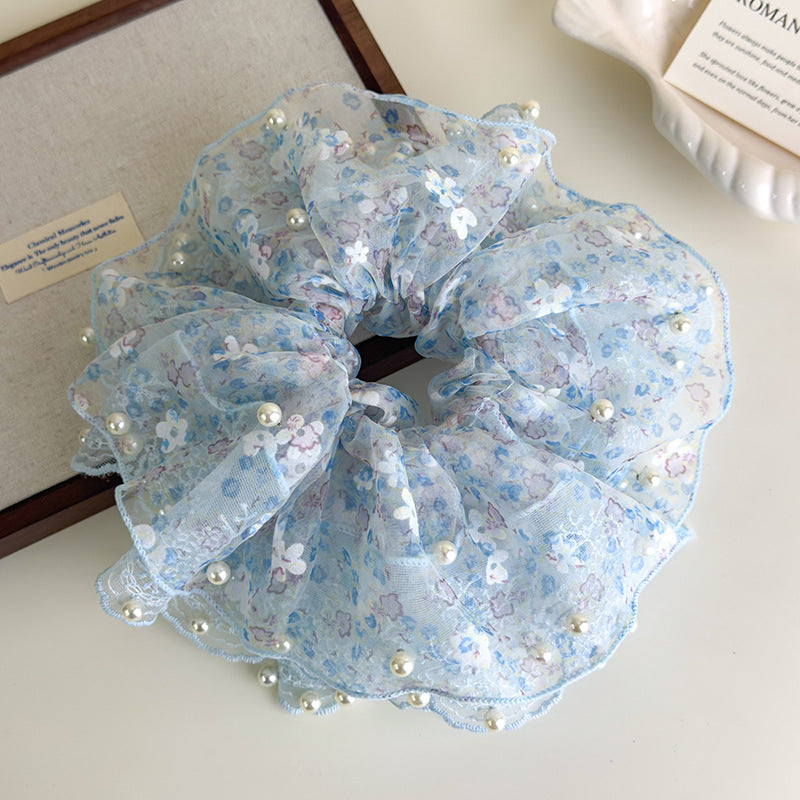 E廠-超仙蕾絲花朵珍珠大腸髮圈女高端大腸頭繩耐用皮筋精緻扎頭髮髮飾「27127」25.06-4