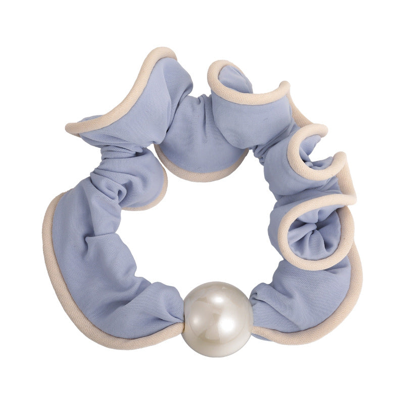E廠-軟萌奶藍色蕾絲花邊珍珠髮圈甜美少女心大腸圈扎髮繩頭花皮筋頭飾「27115」25.06-4