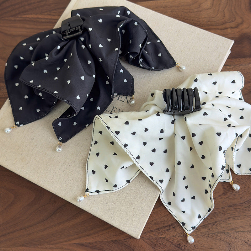 E廠-愛心波點吊珠抓夾女大號方巾馬尾夾優雅氣質後腦勺髮夾子半扎髮飾「27100」25.06-3