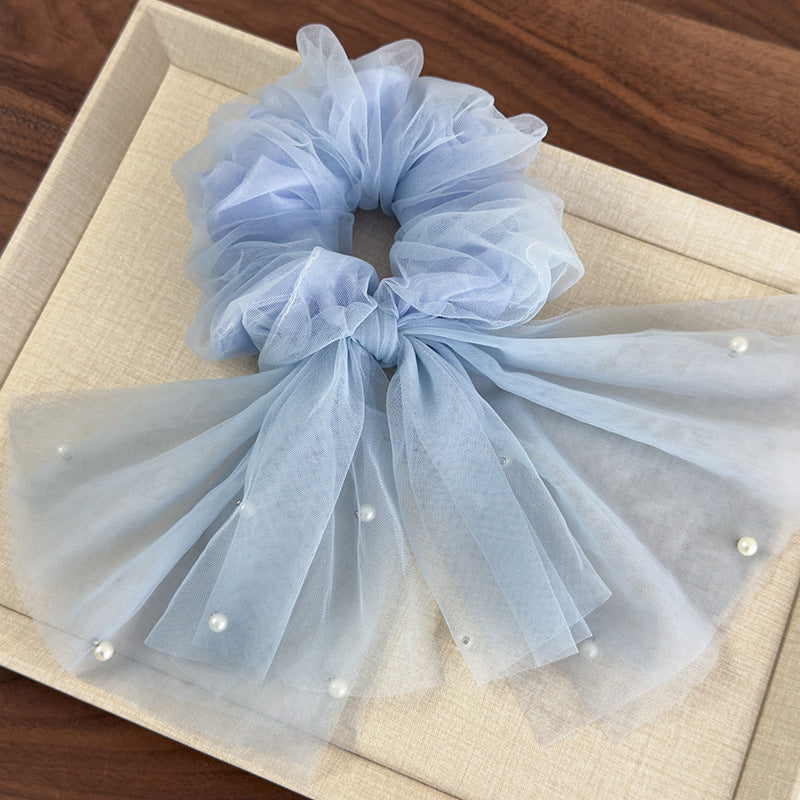 E廠-仙飄逸春夏新款韓國網紗釘珍珠魚尾飄帶大腸圈髮圈甜美馬尾頭繩「26885」25.05-1