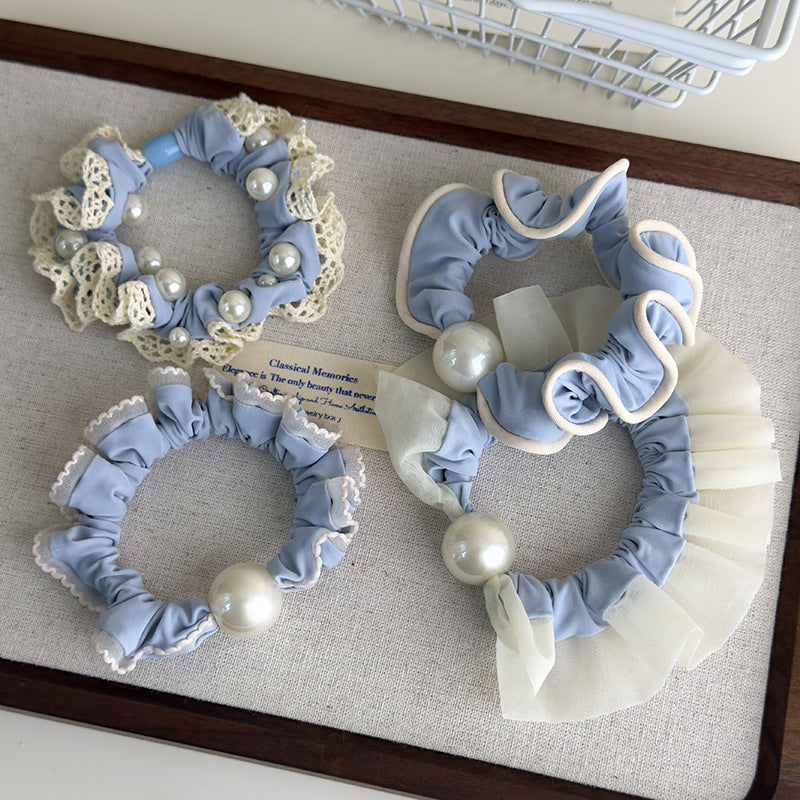 E廠-軟萌奶藍色蕾絲花邊珍珠髮圈甜美少女心大腸圈扎髮繩頭花皮筋頭飾「27115」25.06-4