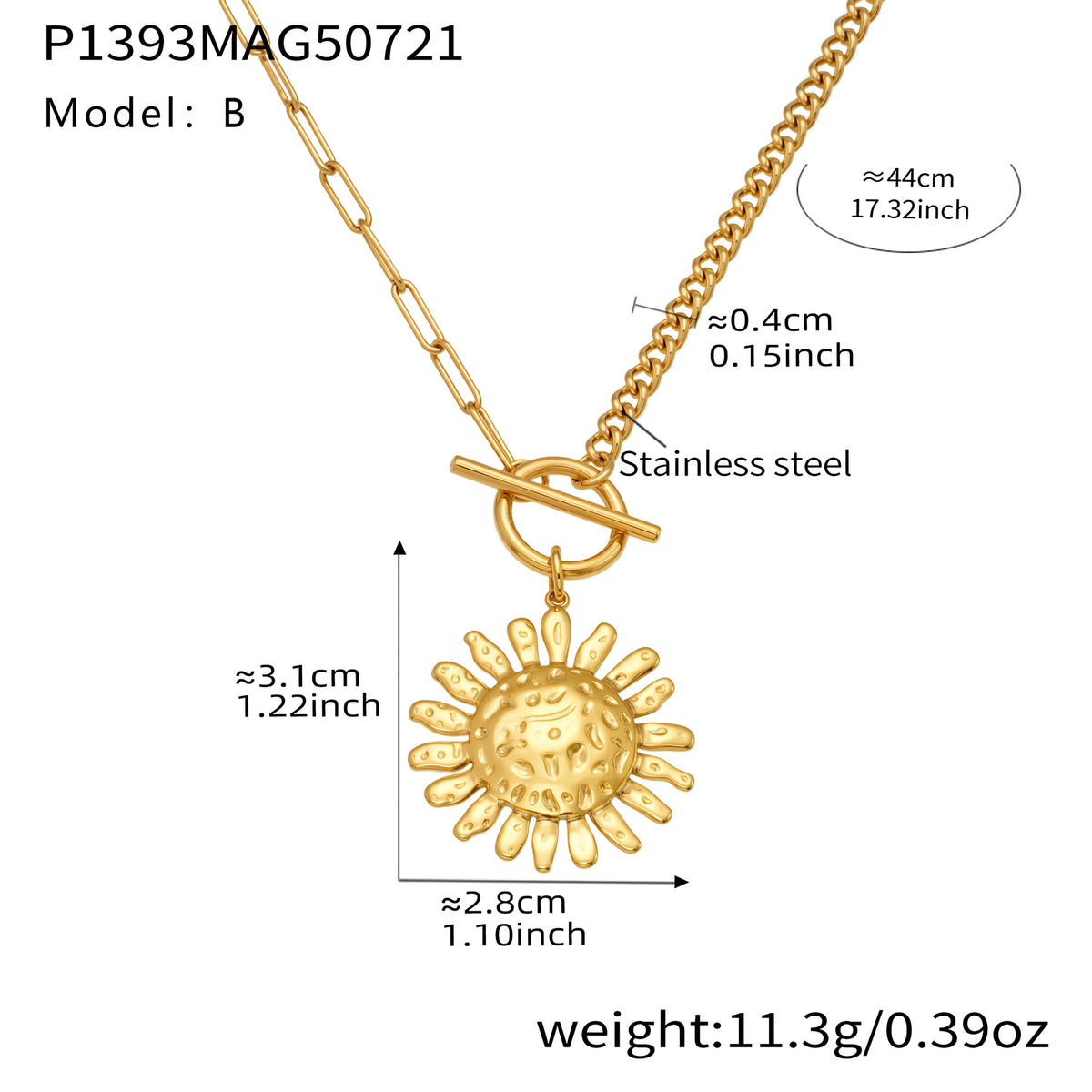 B廠-18k真金不鏽鋼錘紋太陽花OT扣項鍊歐美新款個性設計感飾品「P1393」25.07-4