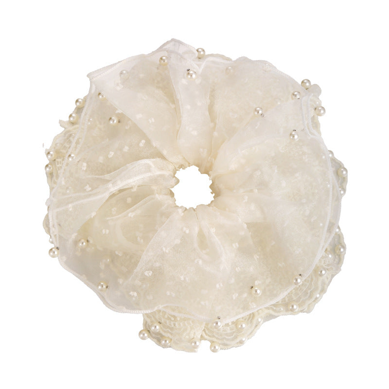 E廠-白色網紗裙擺珍珠蕾絲大腸髮圈2025新款超大號扎頭髮頭花髮繩髮飾「27129」25.06-4