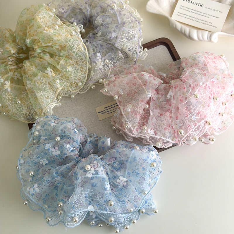 E廠-超仙蕾絲花朵珍珠大腸髮圈女高端大腸頭繩耐用皮筋精緻扎頭髮髮飾「27127」25.06-4