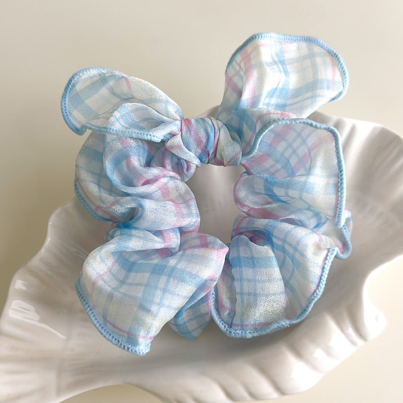 E廠-可愛奶油系淺色格子蝴蝶結大腸髮圈甜美珍珠蝴蝶結髮夾髮飾髮繩女「27114」25.06-4