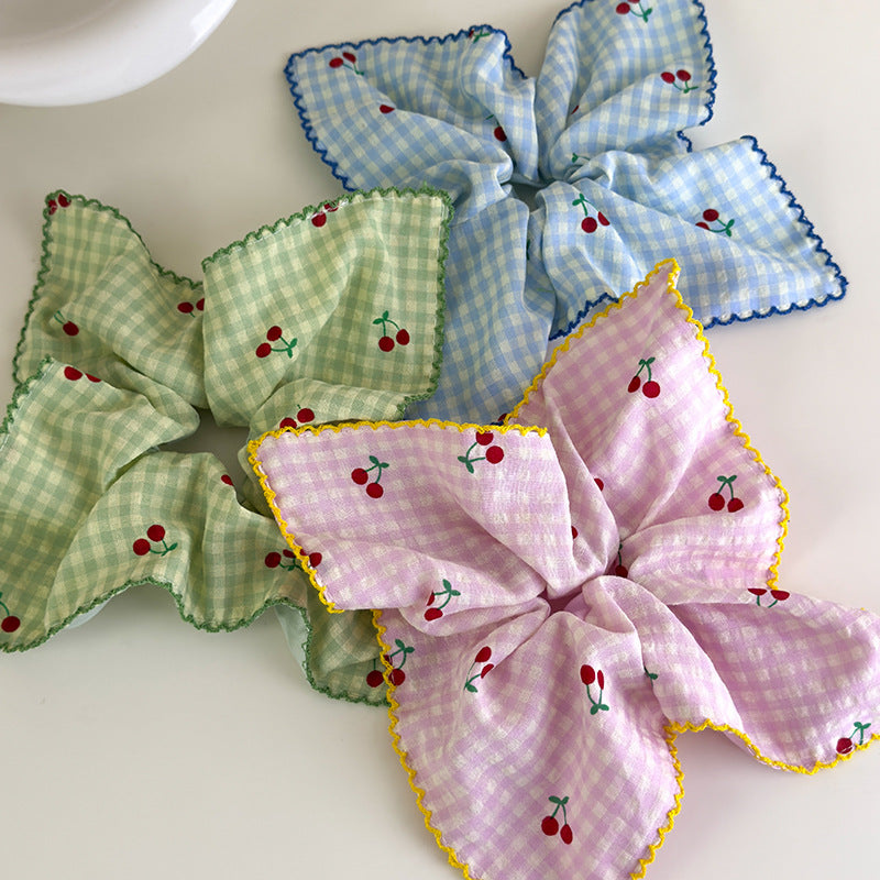 E廠-甜美韓國格子櫻桃方巾大腸髮圈女方形紮頭髮低馬尾髮繩頭繩髮飾品「27018」25.05-5