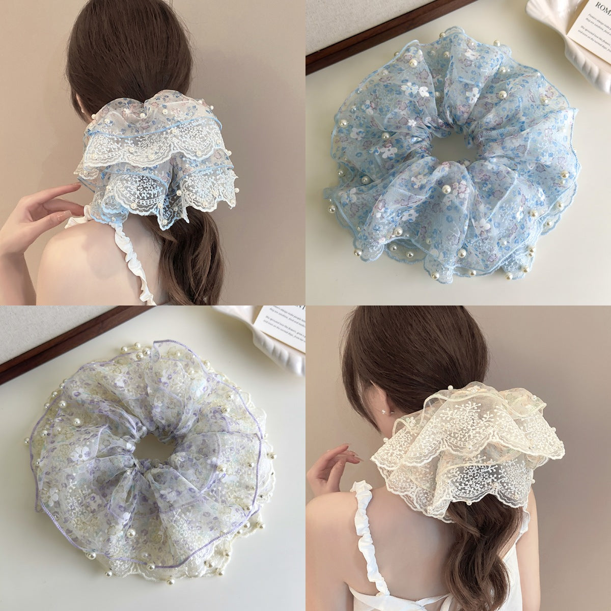 E廠-超仙蕾絲花朵珍珠大腸髮圈女高端大腸頭繩耐用皮筋精緻扎頭髮髮飾「27127」25.06-4