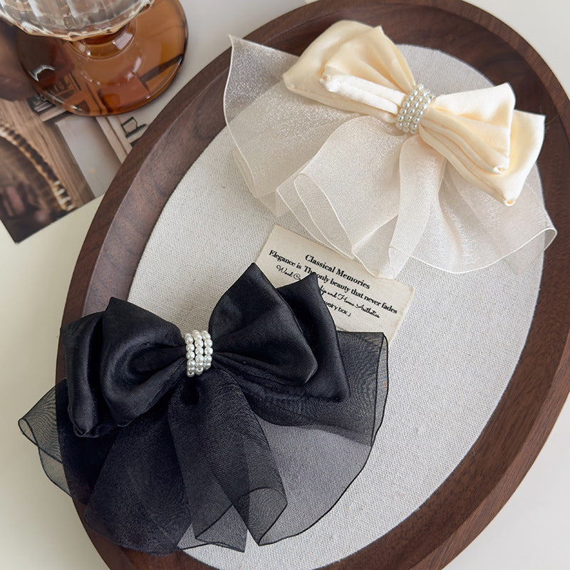 E廠-緞面歐根紗蝴蝶結頂夾後腦勺彈簧夾仙氣飄飄氣質髮夾珍珠夾子頭飾「27155」25.07-1