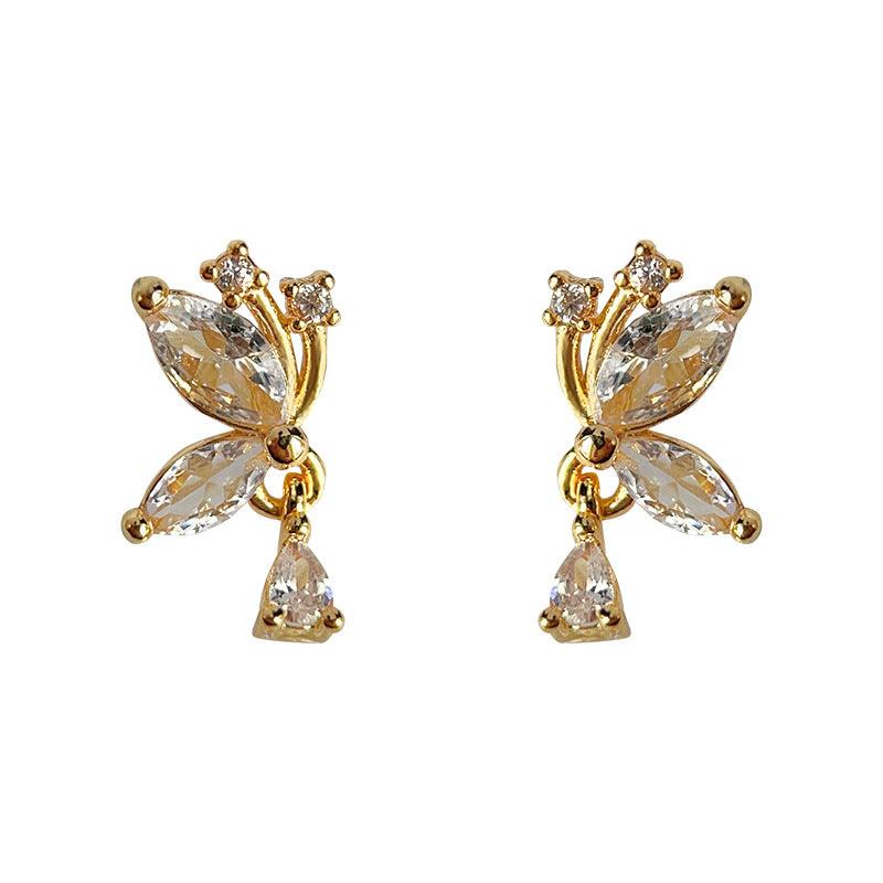 A廠-微鑲鋯石蝴蝶鍍14K銀針氣質簡約通勤百搭優雅耳飾工廠耳釘女「3895」24.04-4