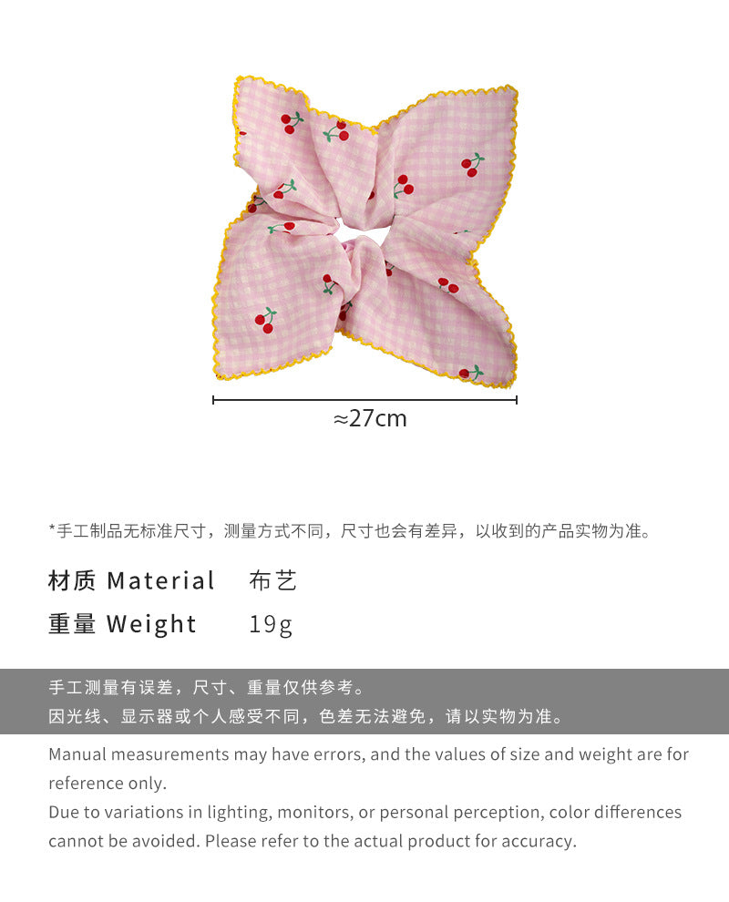 E廠-甜美韓國格子櫻桃方巾大腸髮圈女方形紮頭髮低馬尾髮繩頭繩髮飾品「27018」25.05-5