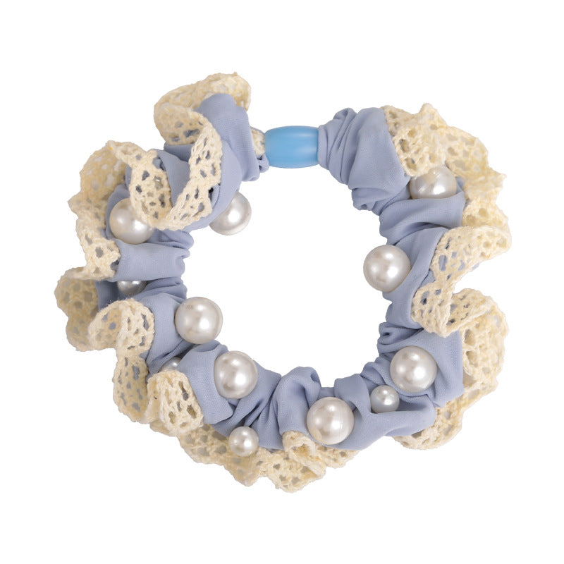 E廠-軟萌奶藍色蕾絲花邊珍珠髮圈甜美少女心大腸圈扎髮繩頭花皮筋頭飾「27115」25.06-4