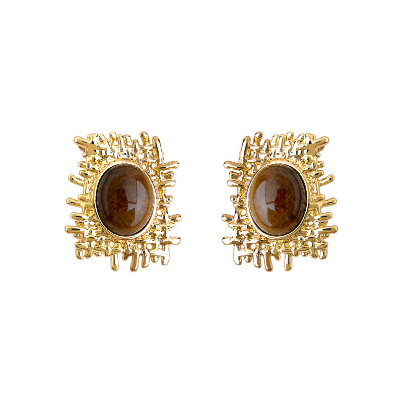 A廠-美拉德風虎眼石天然石設計師款不規則網狀秋冬新款耳飾工廠耳環女「6977」25.10-5