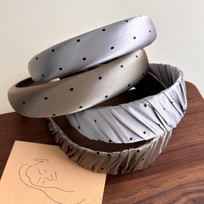 E廠-韓系髮飾緞面光感波點灰咖色髮箍復古高顱頂寬邊褶皺外戴頭箍髮飾「27273」25.08-1
