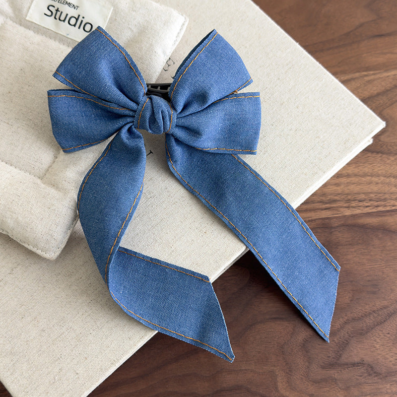 E廠-韓系時髦牛仔飄帶蝴蝶結髮夾簡約高級感後腦勺大號鴨嘴夾甜美髮飾「27096」25.06-3