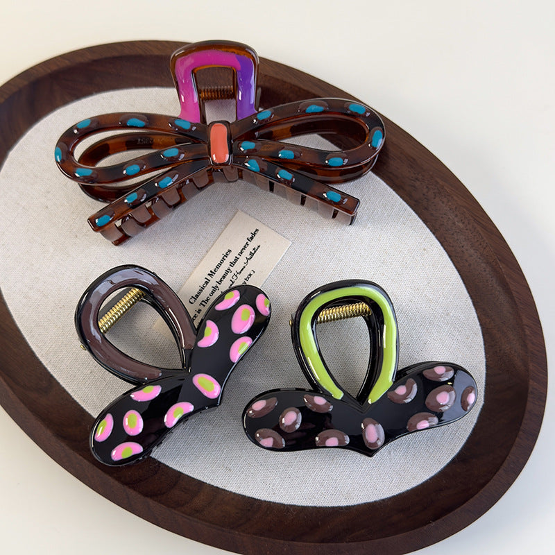 E廠-撞色滴釉蝴蝶結愛心抓夾2025新款高級感鯊魚夾大號後腦勺髮夾頭飾「26805」 25.04-3