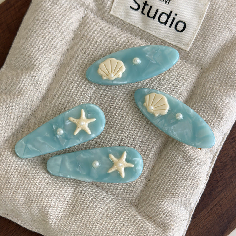 E廠-海藍色貝殼海星醋酸高級感邊夾化妝夾可愛度假風髮夾瀏海夾碎髮夾「27068」25.06-2