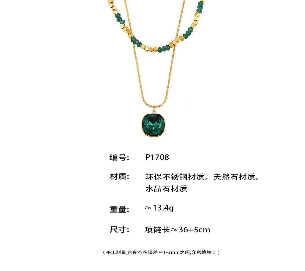 B廠-熱銷新款天然石串珠水晶石吊墜雙層項鍊不鏽鋼百搭鎖骨鏈項飾批發「P1708」24.09-4