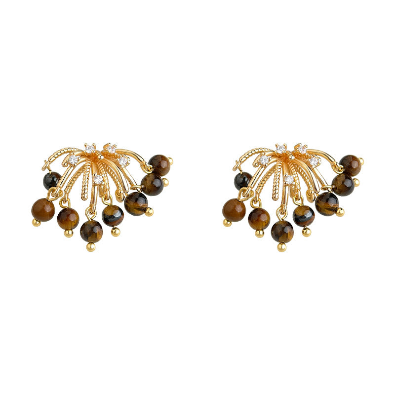 A廠-美拉德風虎眼石微鑲鋯石925銀針煙火流蘇天然石耳飾工廠耳環 飾品「6906」25.10-2