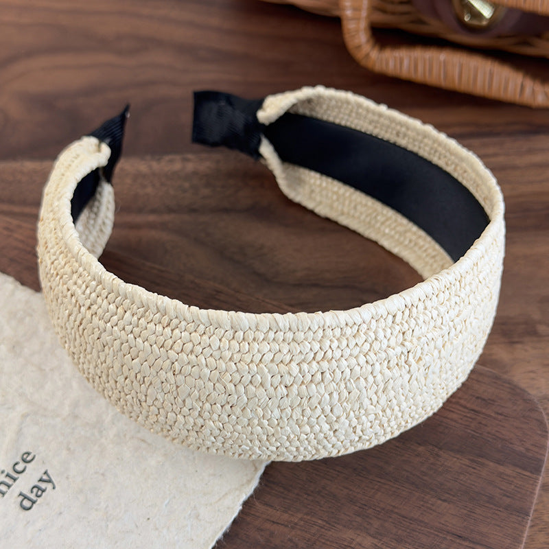 E廠-復古老錢風草編寬邊髮箍女高級感日常外戴頭箍高顱頂度假髮捆頭飾「26926」25.05-3