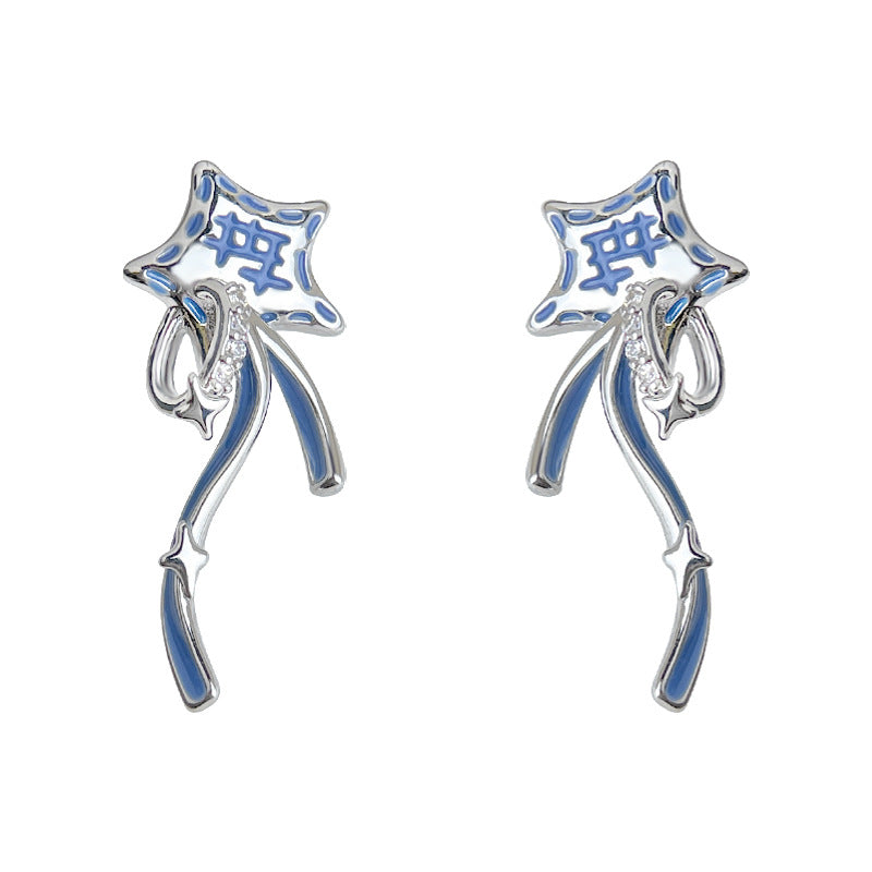 A廠-原創個性許願星甜酷風新款925銀針微鑲鋯石彩繪藍色耳飾耳環「6868」25.10-1