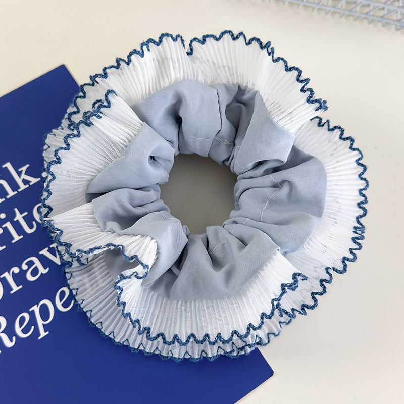 E廠-藍色系格子大腸髮圈雙層蕾絲花邊丸子頭馬尾髮繩甜美小清新髮飾「26437 26844」25.05-1