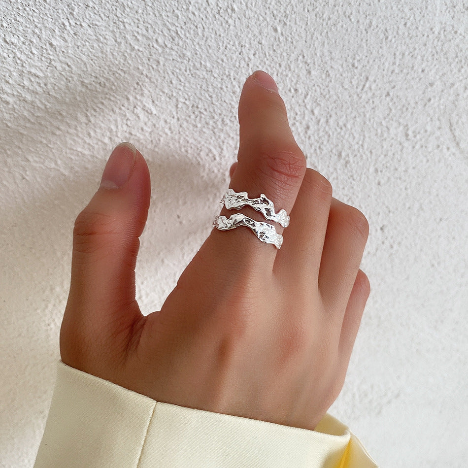 F廠-韓國東大門ins不規則褶皺雙層肌理S925純銀戒指女銀指環 批發「J1479」25.05-3